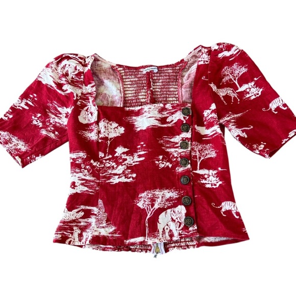 Reformation Leo Linen Top Nairobi Red Safari Print Button Detail Puff Sleeves 6 - Picture 7 of 15